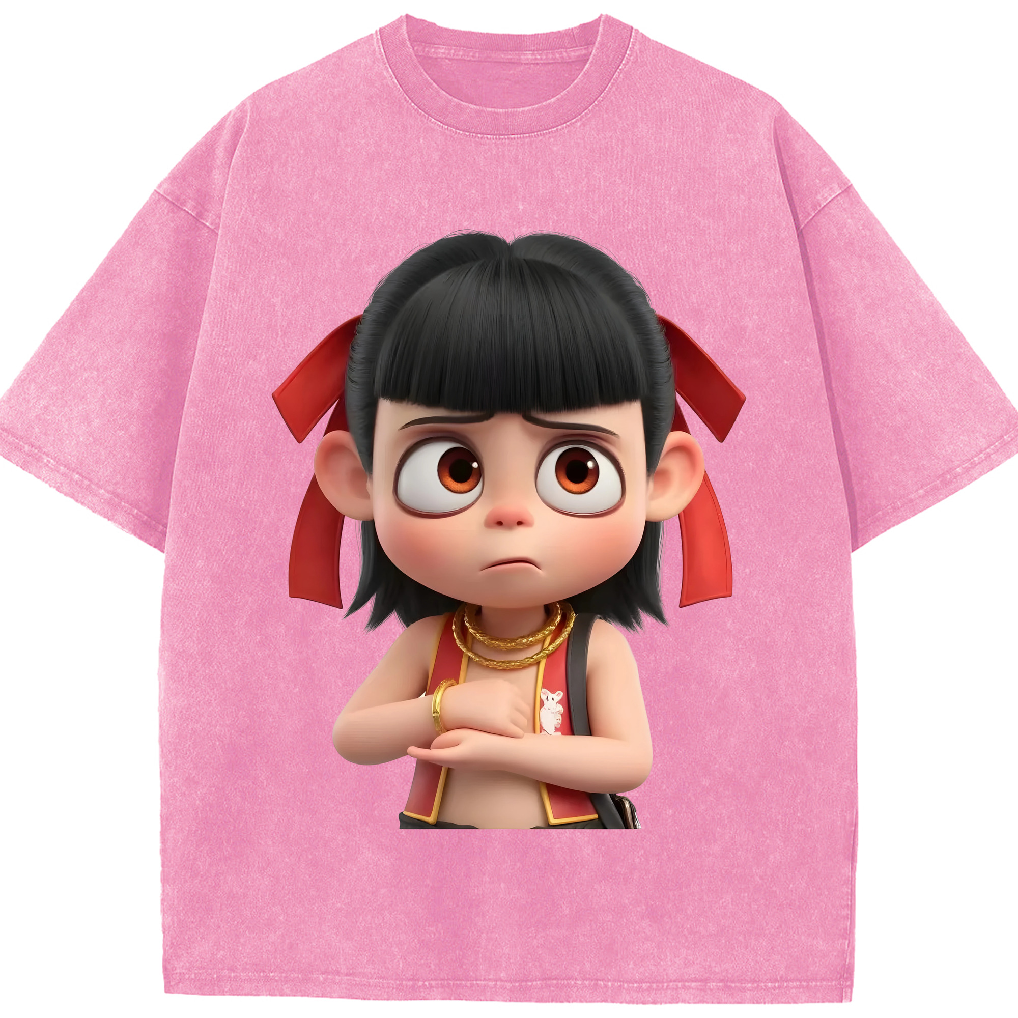 （画像用） Ne Zha 2 ナタ 魔童の大暴れ 綿100% ヴィンテージ風 半袖Tシャツ（フロントプリント）
